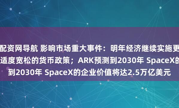 配资网导航 影响市场重大事件：明年经济继续实施更加积极的财政政策和适度宽松的货币政策；ARK预测到2030年 SpaceX的企业价值将达2.5万亿美元